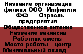  › Название организации ­ филиал ООО 'Инфинити ФФ'  › Отрасль предприятия ­ Общественное питание › Название вакансии ­ Работник смены › Место работы ­ центр › Минимальный оклад ­ 17 000 › Возраст от ­ 18 › Возраст до ­ 30 - Приморский край, Находка г. Работа » Вакансии   